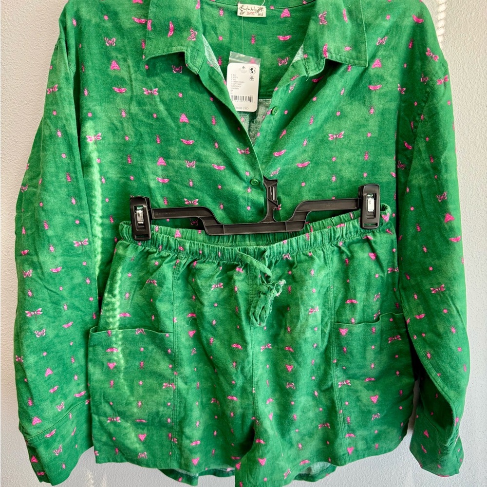 NWT Free People Vibrant Green Pajama Set with Pink Details